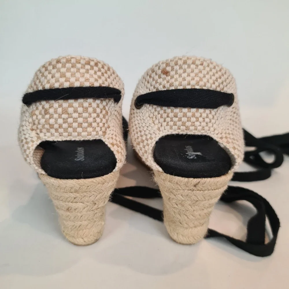 Soludos Black Canvas Marseille Wedge Lace Up Espadrille Sandals Womens Size 8
